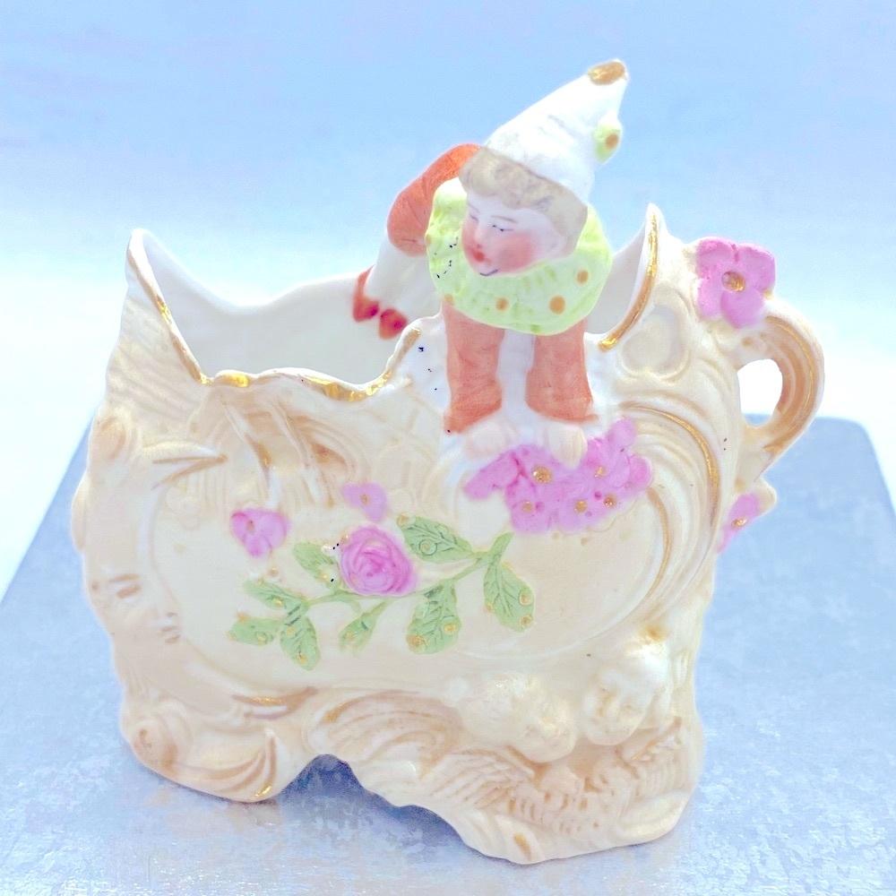 Antique German Bisque Floral Designs Miniature Charming Jester Planter/Vase